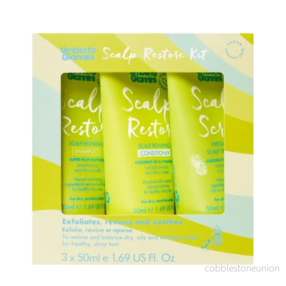 Set Umberto Giannini: Scalp Restore, Vegan & Cruelty-Free, Hair Conditioner, Anti-Dandruff & Soothing, 50 ml + Scalp Restore, Vegan & Cruelty-Free, Hair Shampoo, Anti-Dandruff & Scalp Care, 50 ml + Umberto Giannini, Scalp Scrub, Gentle Exfoliation, 50 ml