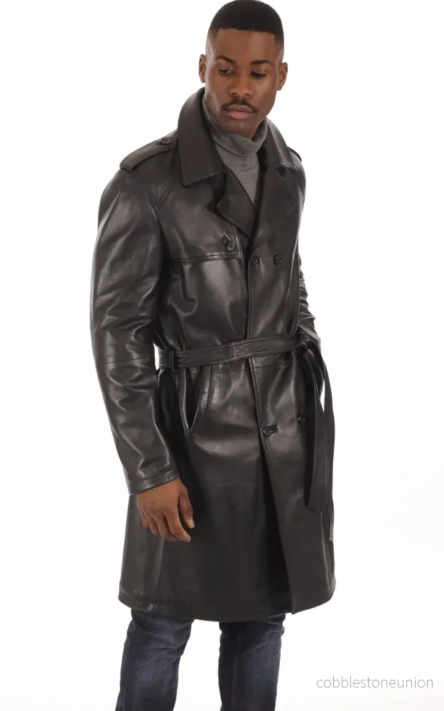 Black George Leather Trench Coat – Men