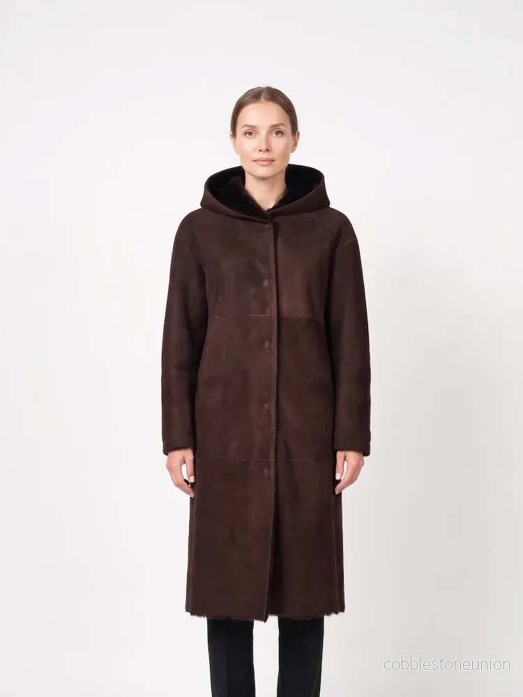 Ausron-A, 110 cm. – Hood Suede Lamb – Women Dark Brown