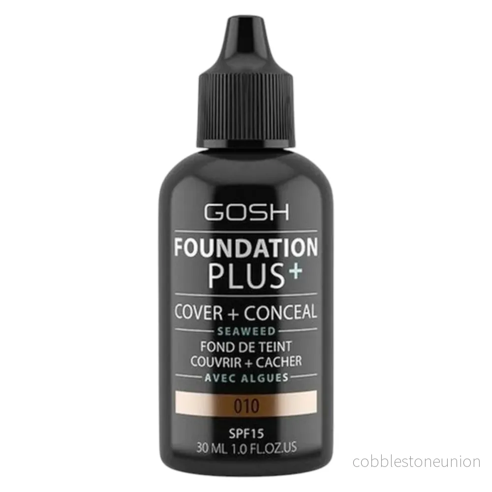 Gosh, Foundation Plus+, Cover & Conceal, Flytande foundation, 010, Solbränna, SPF15, 30 ml