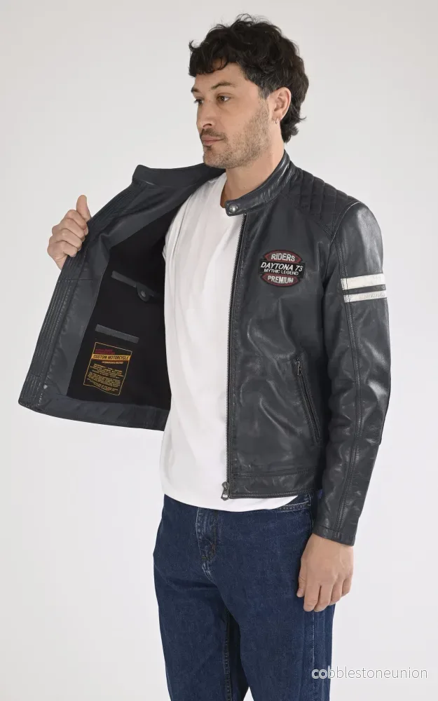 Spencer Blue Leather Motorcycle Jacket - Men - Bild 3