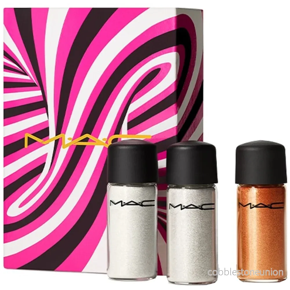 Sprinkle Of Magic Set MAC: Mini, löst glittrigt ögonskuggspulver, guld, 2,5 g + Mini, löst glittrigt ögonskuggspulver, rött, 2,5 g + Mini, löst glittrigt ögonskuggspulver, brons, 2,5 g