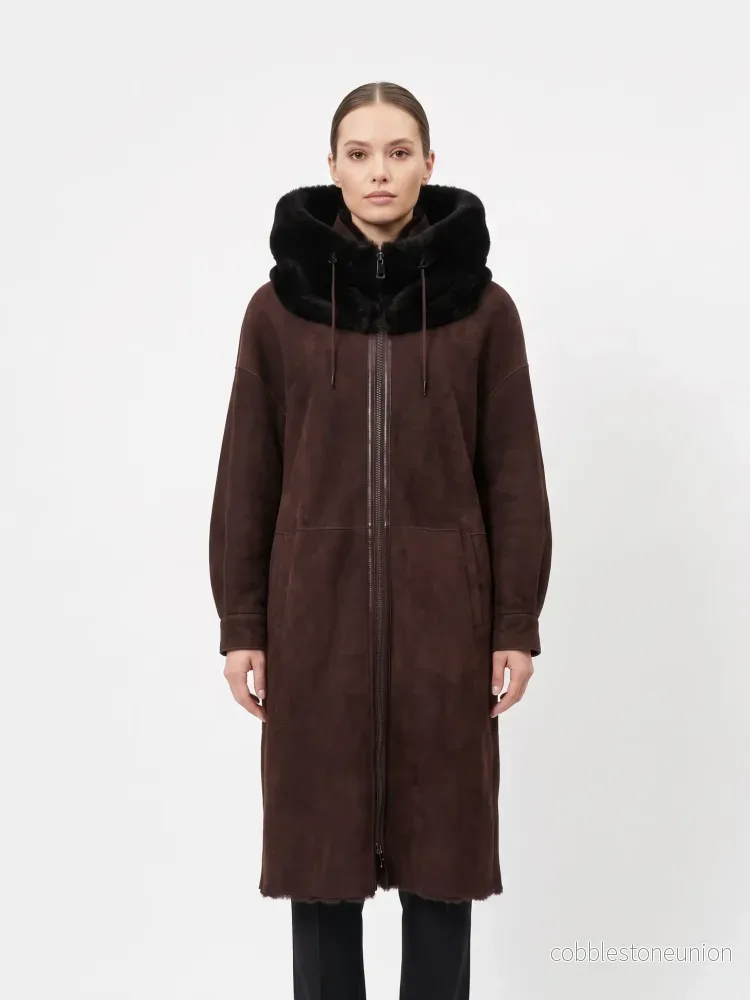 New Gabiana, 108 cm. – Hood Suede Lamb – Women Dark Brown