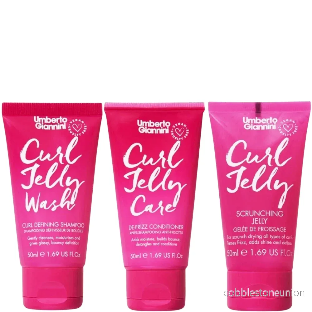 Set Umberto Giannini: Curl Jelly, Hair Styling Gel, Curl Definition & Frizz Control, Medium Hold, 50 ml + Curl Jelly, Hair Shampoo, Curl Defining, 50 ml + Curl Jelly, Hair Conditioner, Curl Defining, 50 ml