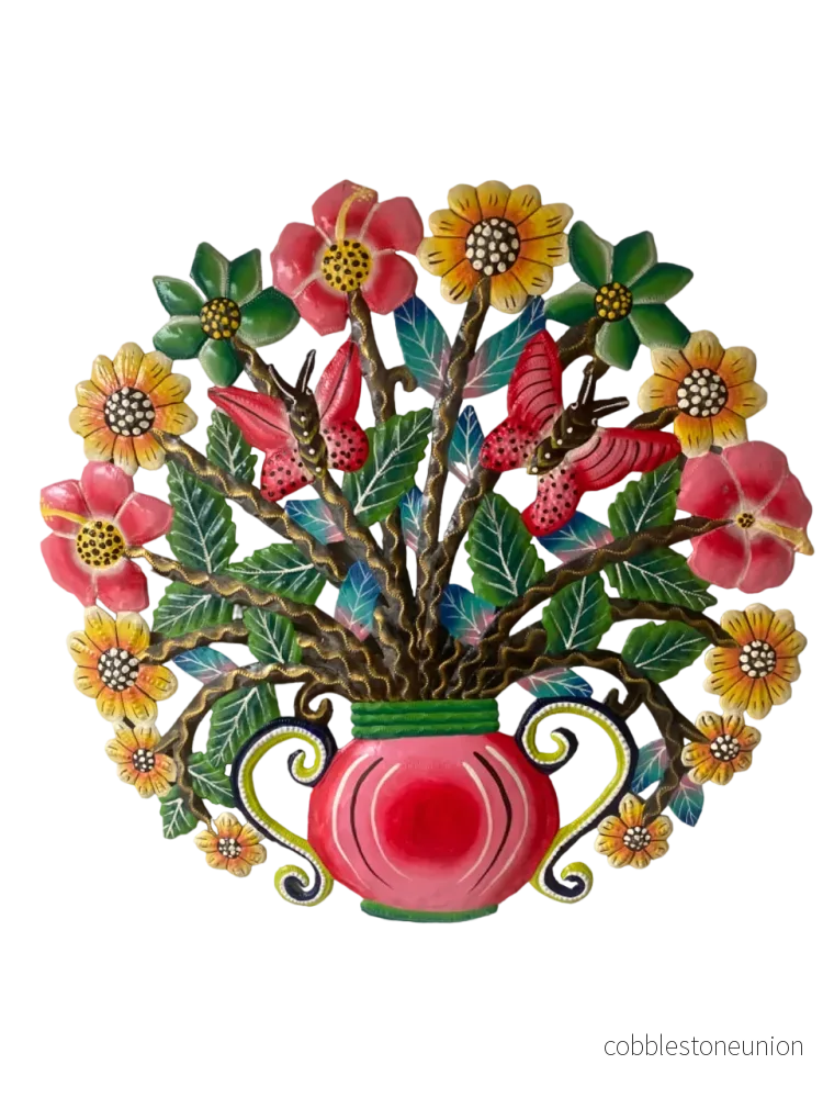Väggdekoration 55 cm Vas Blommor Målad - Handgjord Haitisk Metallkonst