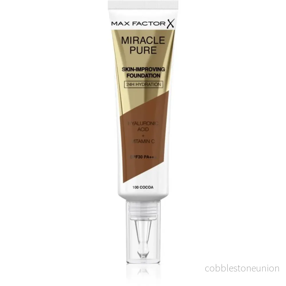 Max Factor, Miracle Pure, Hyaluronsyra, Strålande, Flytande foundation & serum 2-i-1, Cocoa, 100, SPF 30, 30 ml