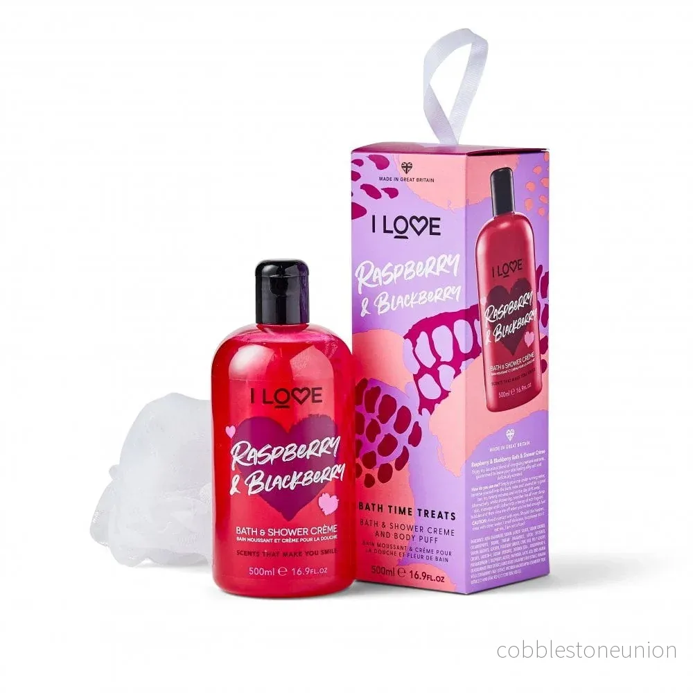 Set I Love: Hallon & Björnbär, Återfuktande, Duschgel, För alla hudtyper, 500 ml + I Love, Kroppssvamp