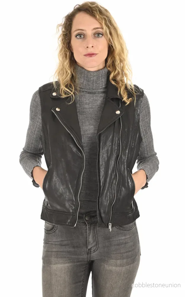 Sarah Black Leather Biker Vest – Women Sarah Black Leather Biker Vest – Women