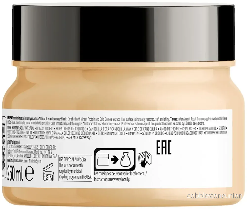 L'Oreal Professionnel, Serie Expert Absolut Repair, Protein + Guldquinoa, Hårbehandlingskrämmask, Omedelbar ytbehandling, 250 ml - Bild 2