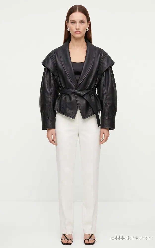 Black Mia Belted Leather Jacket - Women - Bild 3