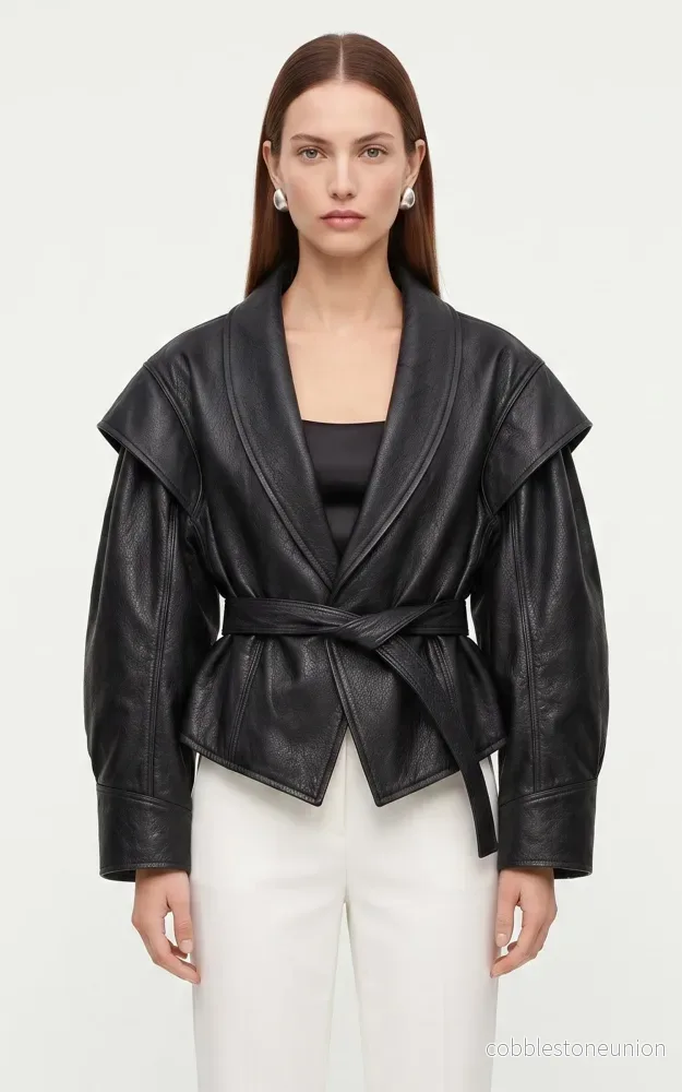 Black Mia Belted Leather Jacket – Women