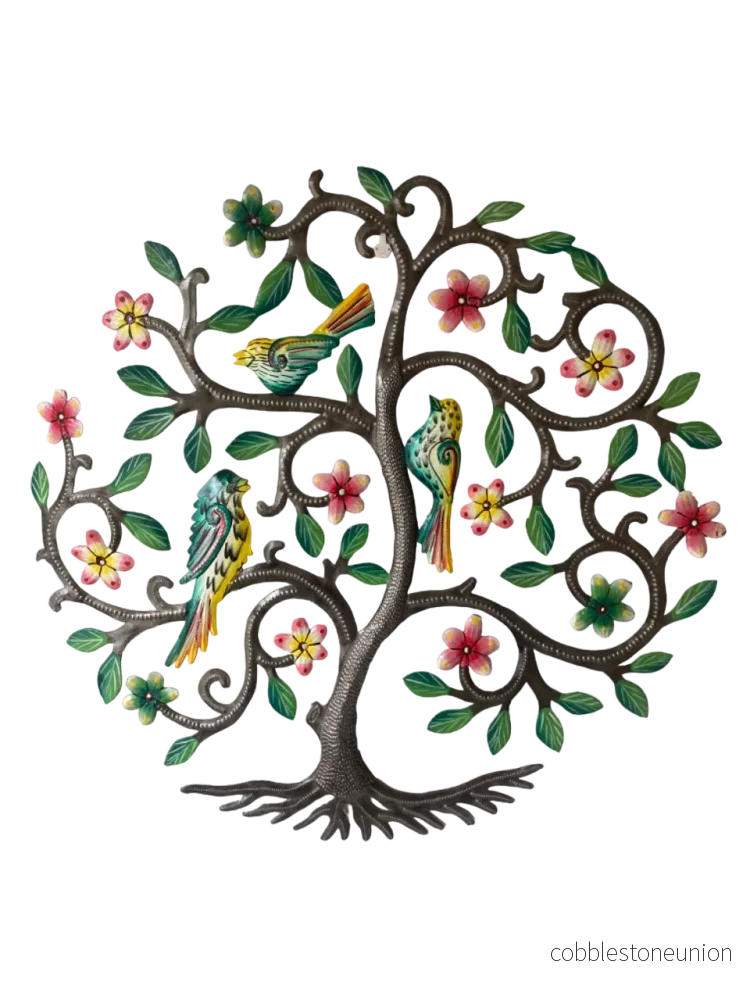Väggdekoration 59 cm Tre Fåglar & Skira Blommor – Handgjord Metallkonst Haiti