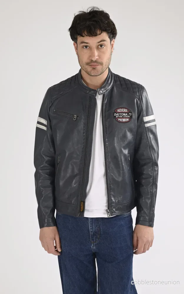 Spencer Blue Leather Motorcycle Jacket - Men - Bild 2