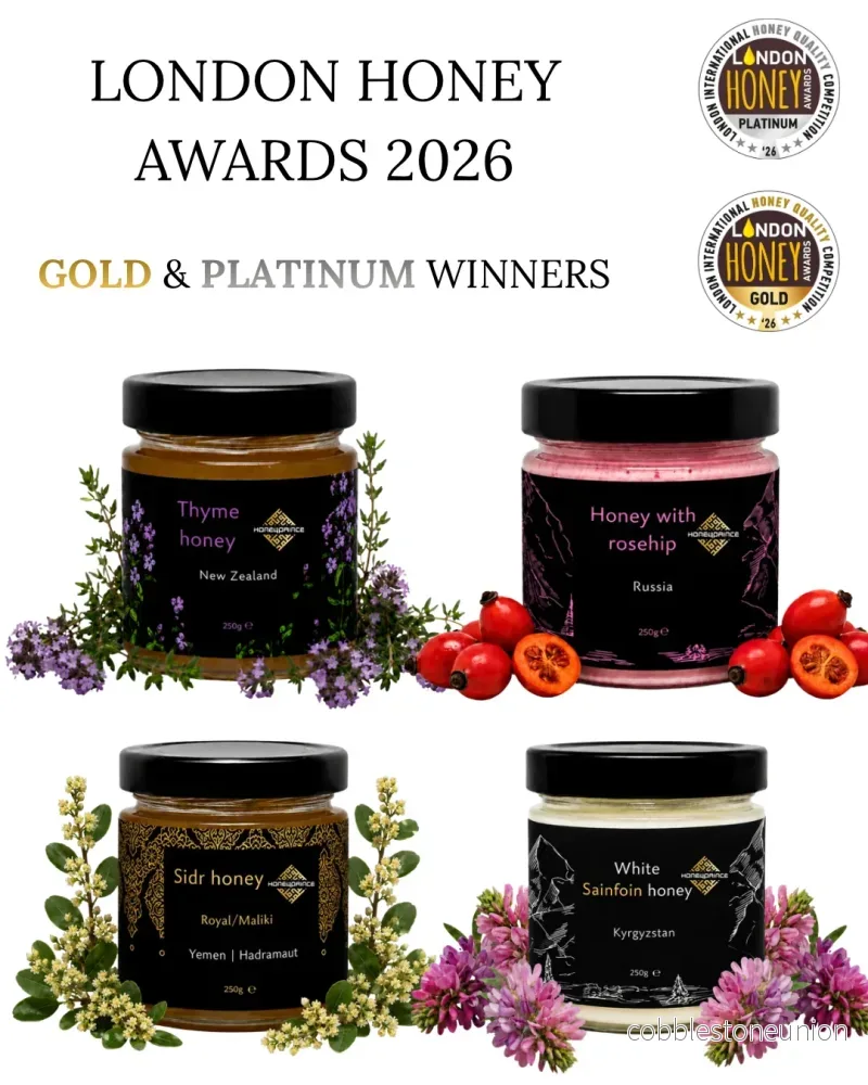 London honey award winners bundle: Sidr Hadramaut, Thyme New Zealand, White Kyrgyzstan, Pink Siberian rosehip