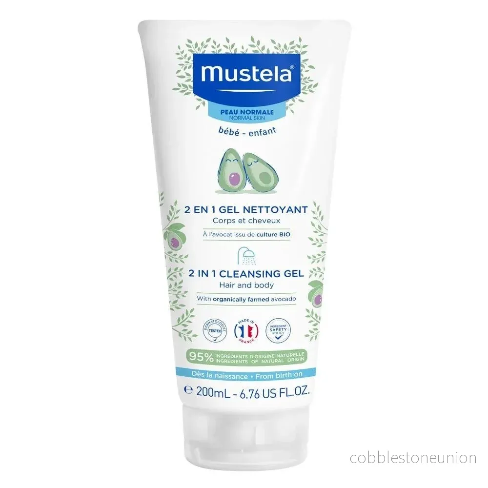 Mustela, 2-i-1, Avokado, Mild rengöring, Rengöringsgel, För ansikte och hår, 200 ml