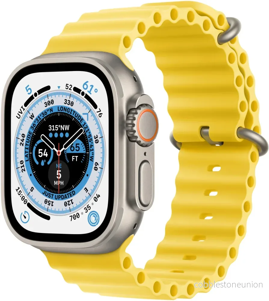 Apple Watch Ultra (2022) – 49 mm – GPS + Cellular – Silver – Gult Ocean-armband – Utmärkt skick Apple Watch Ultra (2022) – 49 mm – GPS + Cellular – Silver – Gult Ocean-armband – Utmärkt skick
