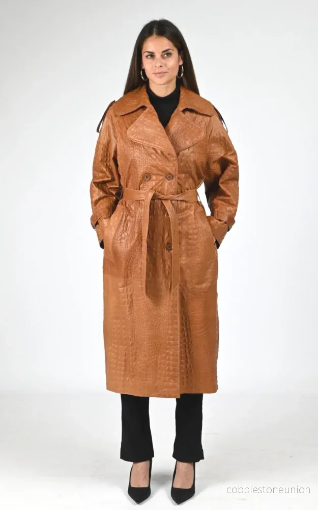 Cognac Python-Embossed Leather Trench Coat – Women Cognac Python-Embossed Leather Trench Coat – Women