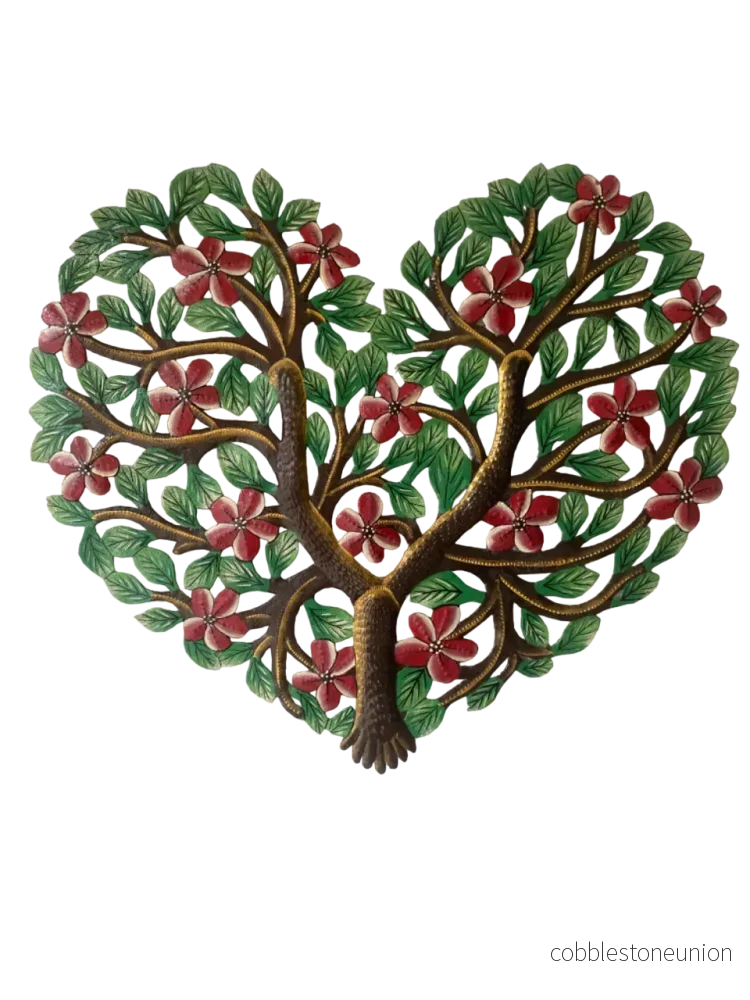 Väggdekoration 56 cm Hjärta Blommor Målad - Återvunnen Metallkonst från Haiti