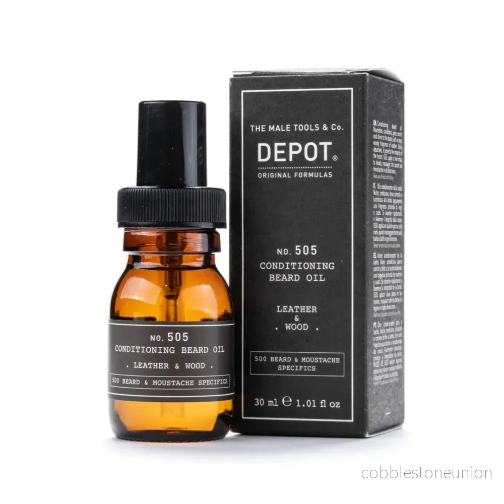 Depot, 500 Beard & Mustache Specifics No. 505, Skäggolja, Läder & trä, För glans och mjukhet, 30 ml Depot, 500 Beard & Mustache Specifics No. 505, Skäggolja, Läder & trä, För glans och mjukhet, 30 ml