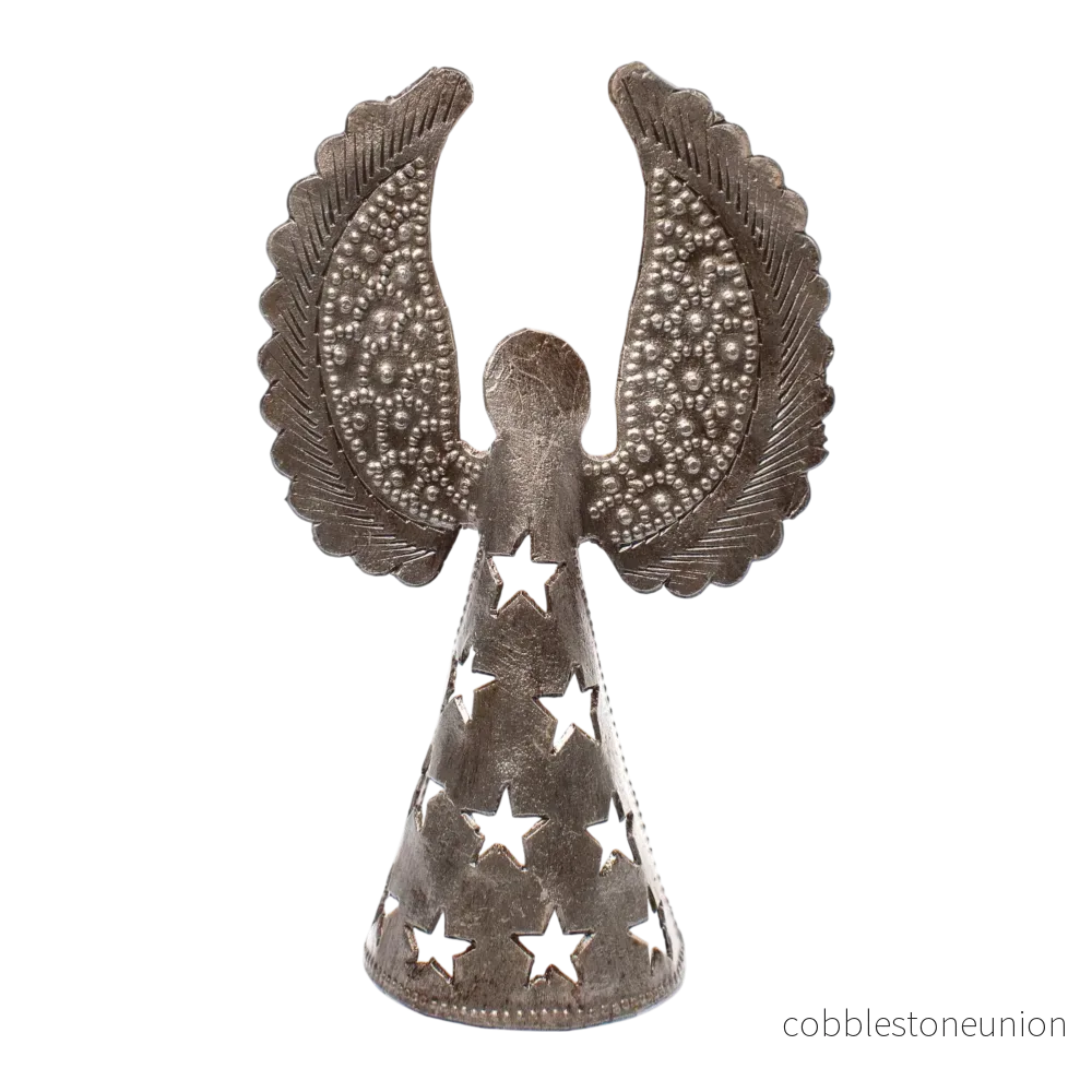 Handgjord Ängel 13 cm Metallgrå Stjärnor från Haiti - Återvunnen Metall