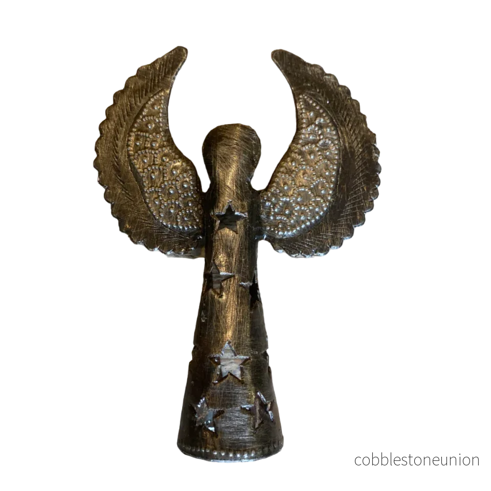Handgjord Ängel 13 cm Metallgrå Stjärnor från Haiti - Återvunnen Metall - Bild 2