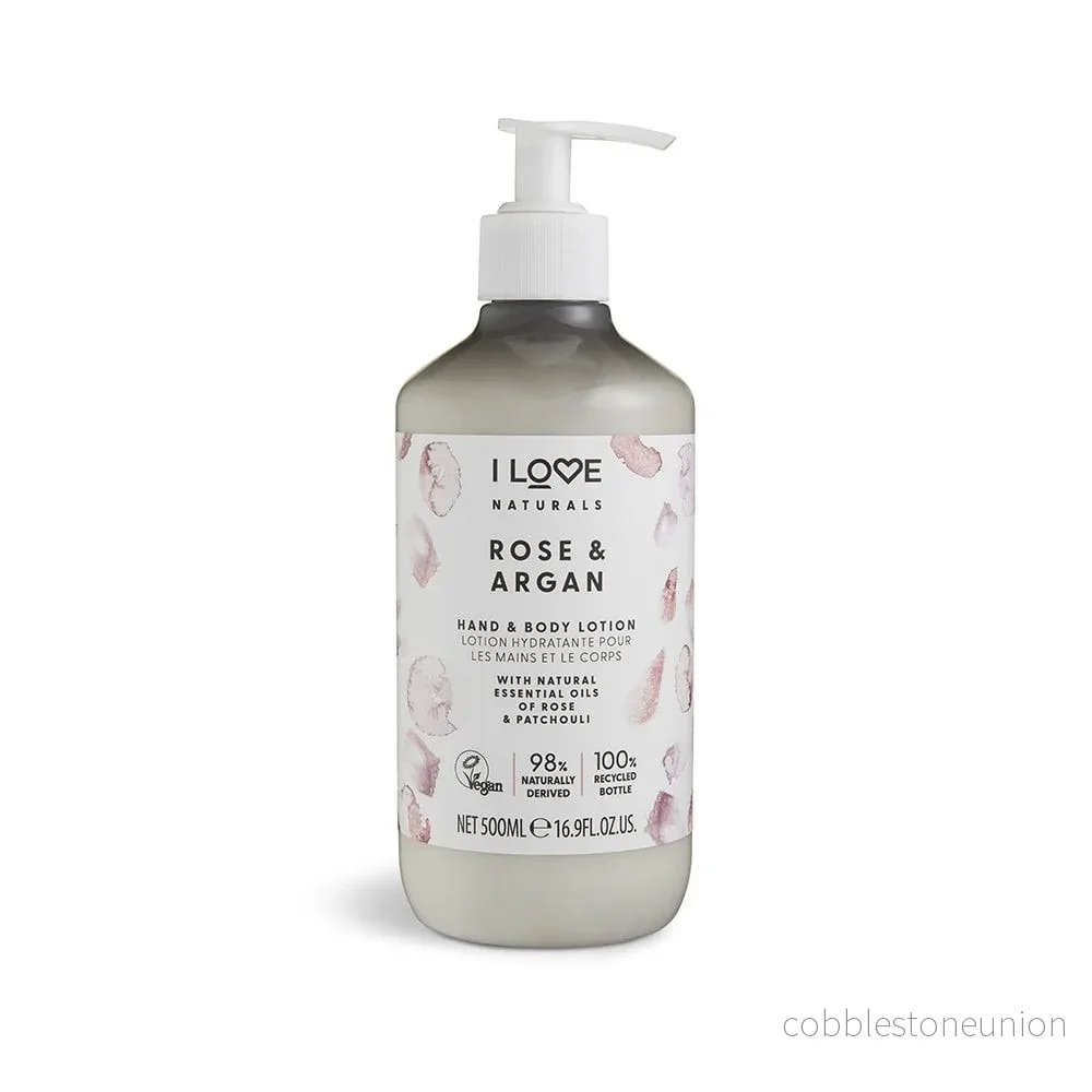I Love, Naturals Collection, Vegan, Återfuktande, Ros & Argan, Lotion, För händer & kropp, 500 ml