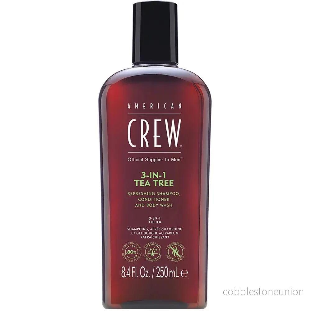 American Crew, 3-In-1 Tea Tree, Tea tree-olja, Hårschampo, balsam & duschgel 3-i-1, För återfuktning, 250 ml
